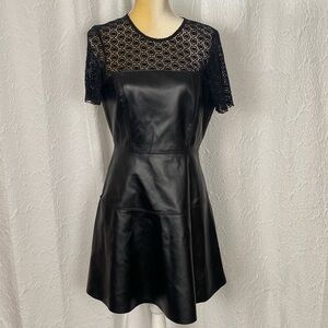 AQUA Black Leather (Faux) and Lace Rock Mini Dress - L